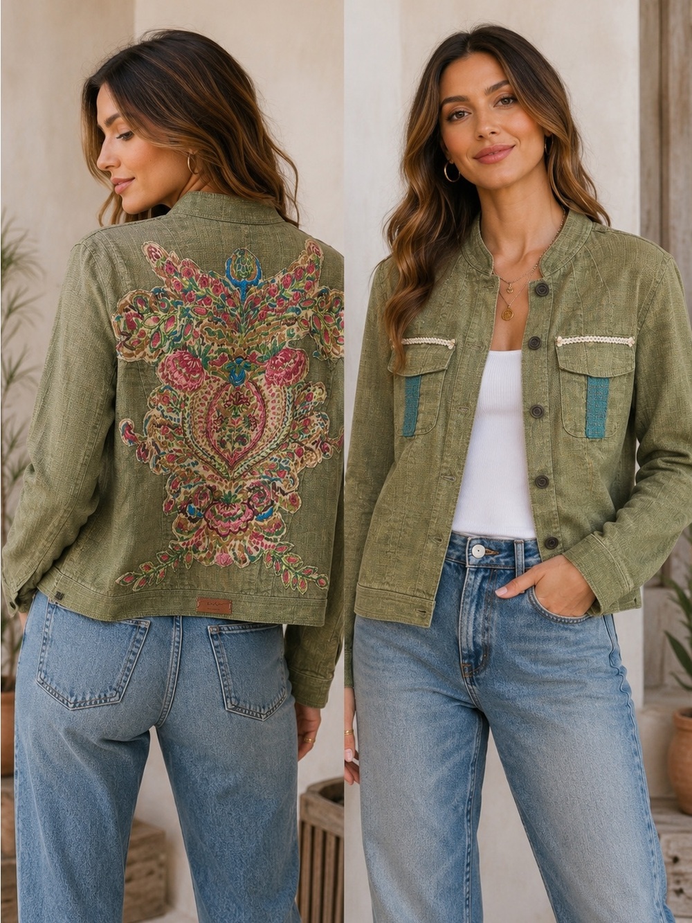 Amber Sun Linen Jacket Olive Green Boho Floral Statement Coat S